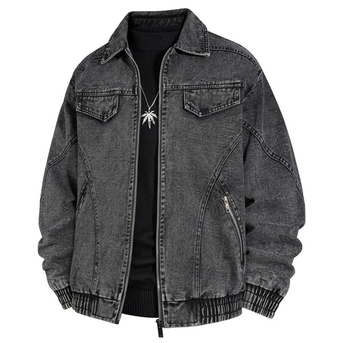 Herren Übergroße Jeans-Bomberjacke mit Stone-Wash, Reißverschluss und geripptem Saum Drune