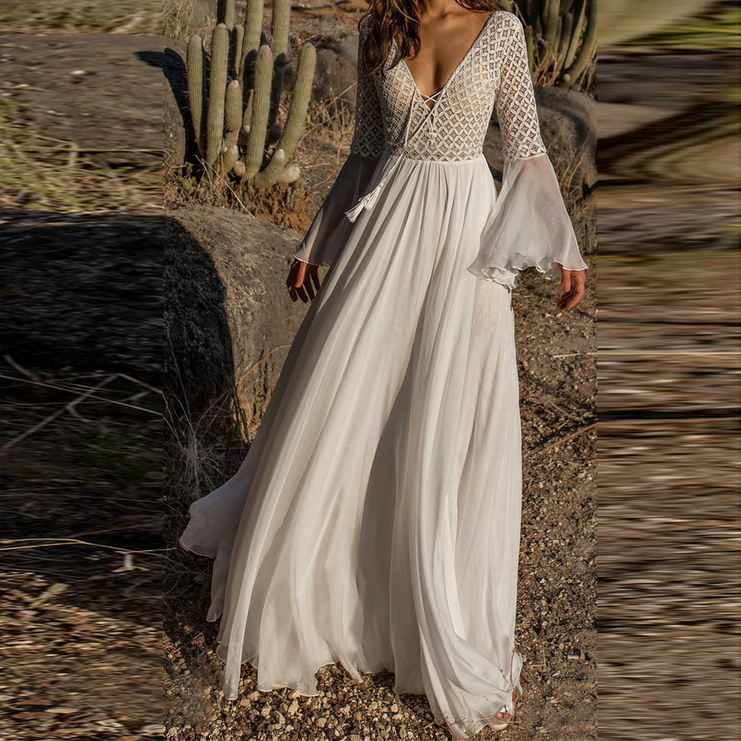 Damen Maxi-Umstandskleid mit eleganten Spitzenärmeln Drune