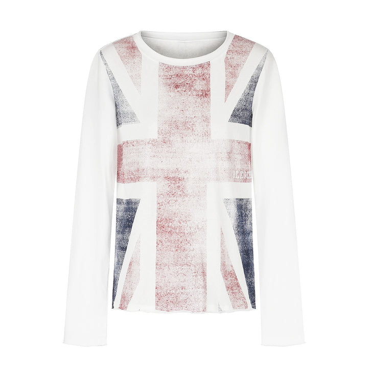 Damen Rundhals-Longsleeve aus Baumwollmix mit Vintage-Union-Jack-Print und Kontrastärmeln Drune