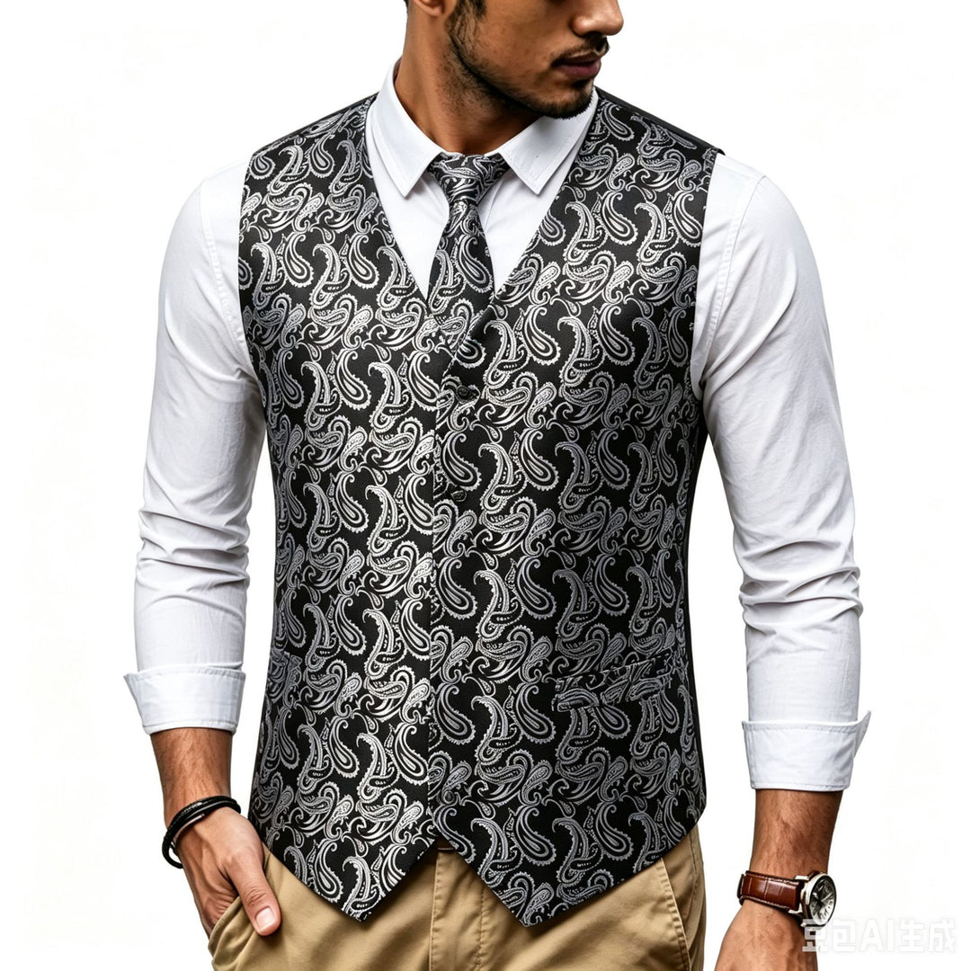 Herren Satin-Jacquard-Weste mit Paisley-Muster und passender Krawatte Drune