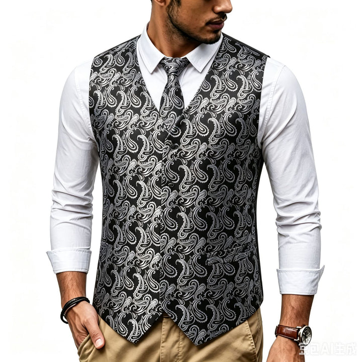 Herren Satin-Jacquard-Weste mit Paisley-Muster und passender Krawatte Drune