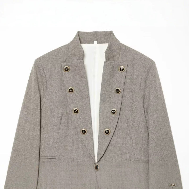 Damen Kurzblazer im Military-Stil mit Stehkragen und dekorativen Knopfreihen Drune