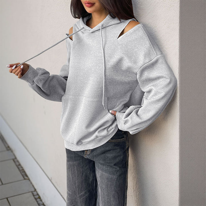 Damen Lässiger Kapuzenpullover mit Schulteröffnungen, Kängurutasche und gerippten Bündchen Drune