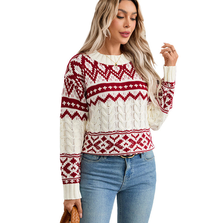 Damen Norweger-Strickpullover mit Zopfmuster und Fair-Isle-Jacquard Drune
