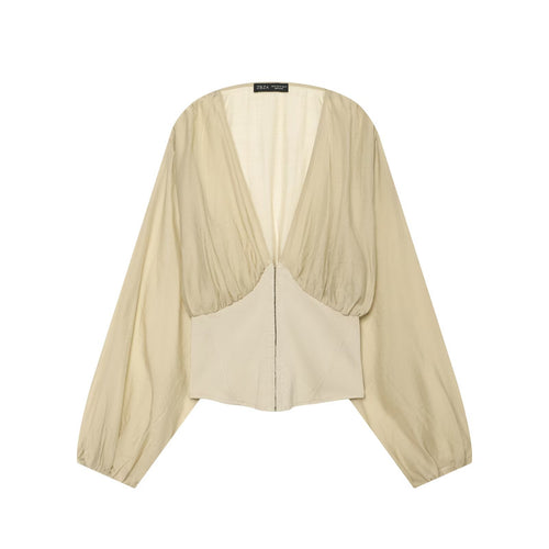 Damen Kurzes Bolero-Blouson mit tiefem V‑Ausschnitt, geraffter Passe und Ballonärmeln Drune