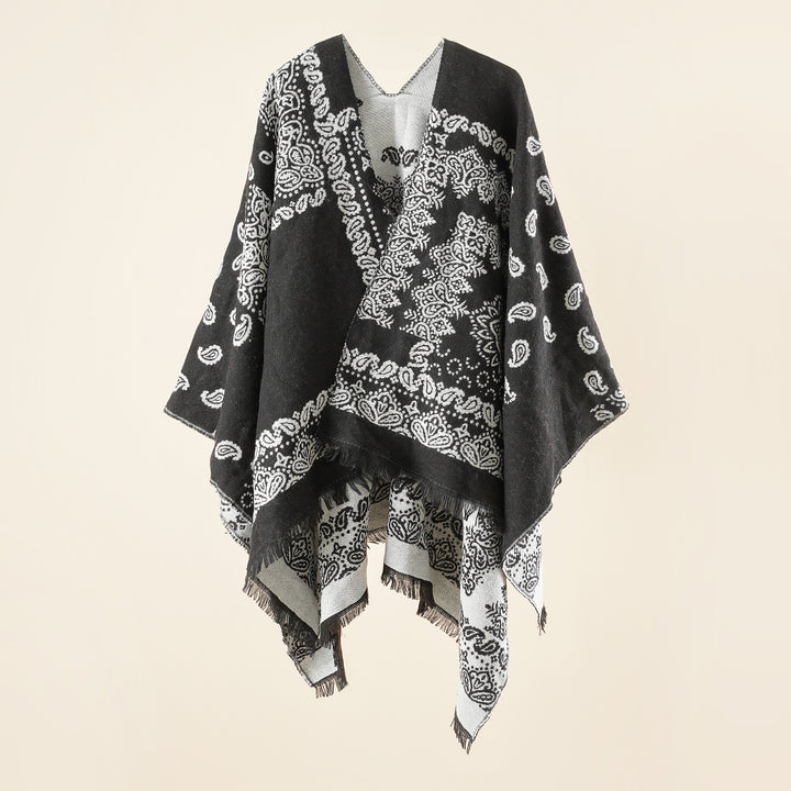 Damen Jacquard-Umhangponcho mit Paisley-Muster und Fransen Drune