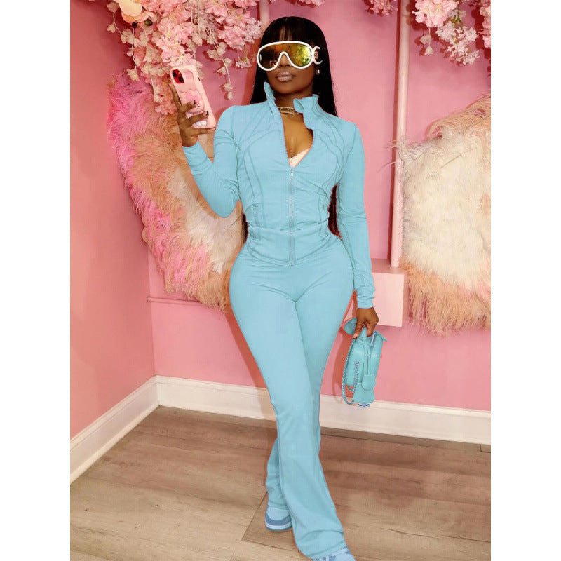 Damen figurbetonender Jumpsuit mit Hochkragen und durchgehendem Reißverschluss Drune