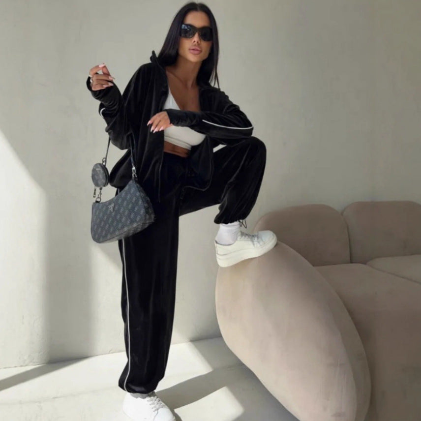 Damen eleganter Fleece-Trainingsanzug mit praktischen Taschen und elastischen Bündchen