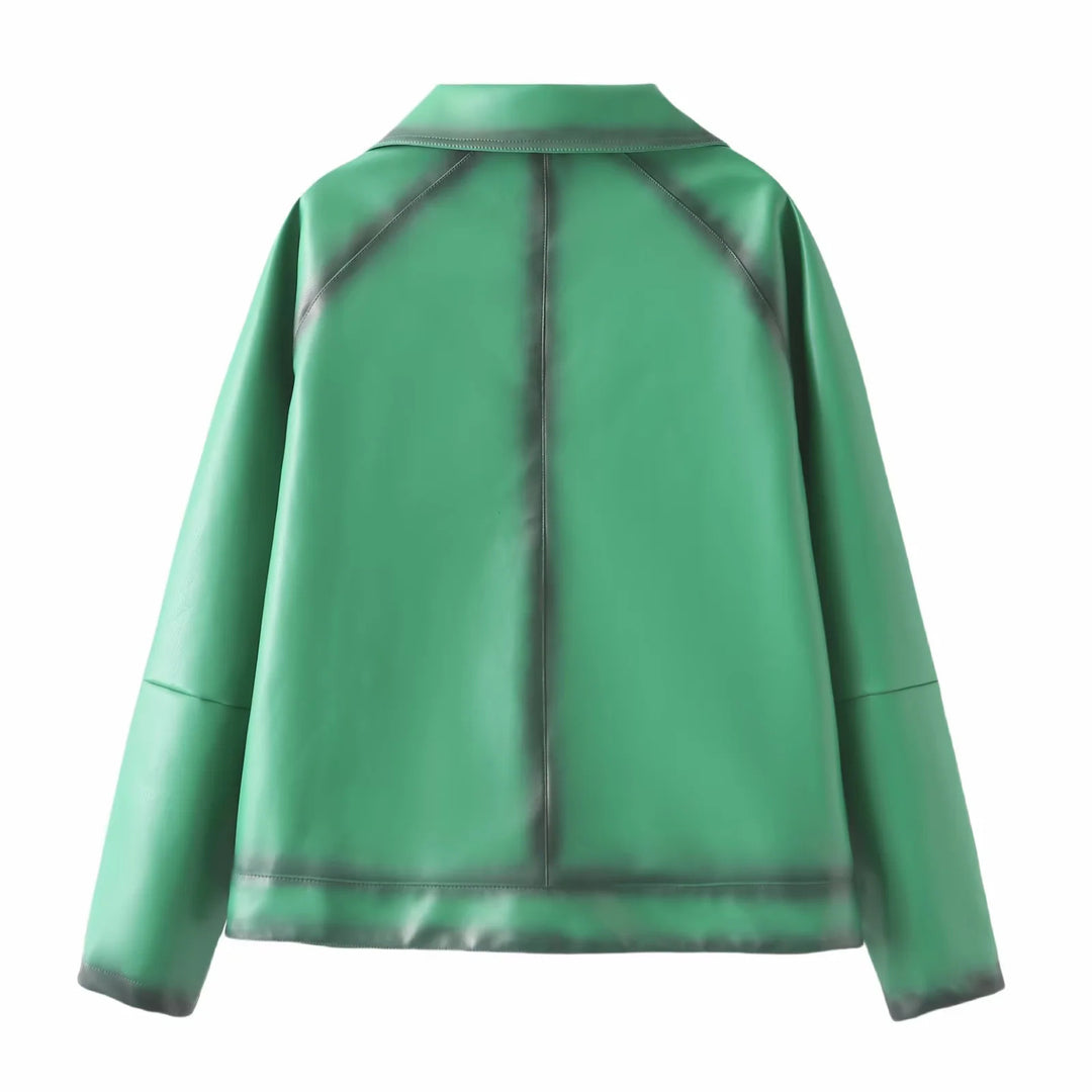 Damen nan boxy Kunstlederblouson mit großem Schalkragen, mittigem Metallreißverschluss und aufgesetzten Fronttaschen Drune