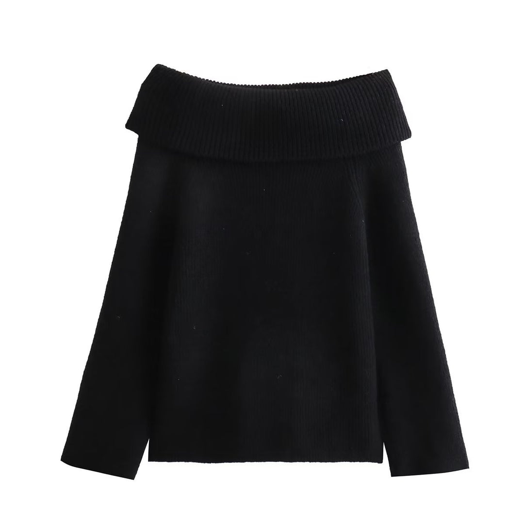 Damen Oversized Off-Shoulder Rippstrick-Pullover mit großem Wendkragen Drune