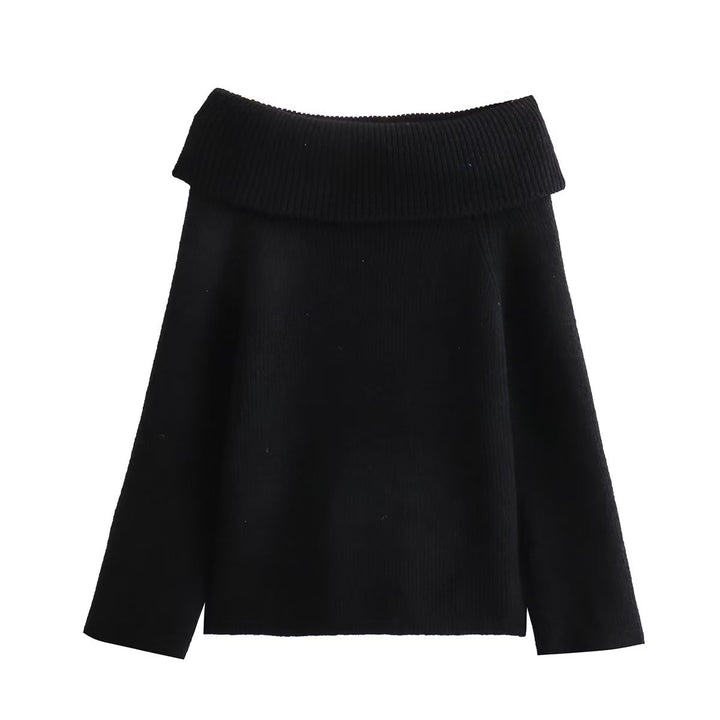 Damen Oversized Off-Shoulder Rippstrick-Pullover mit großem Wendkragen Drune