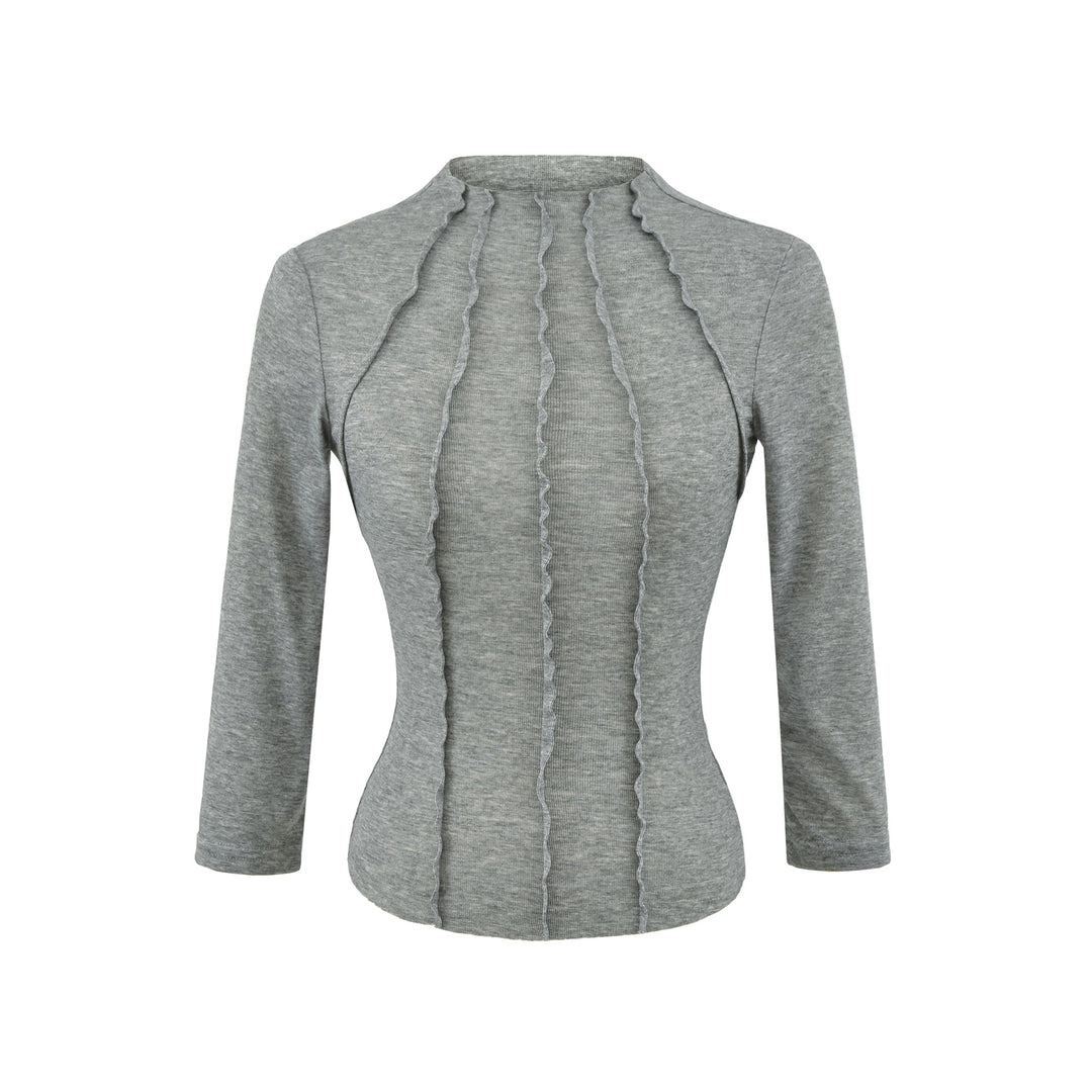 Damen Figurbetontes Langarmshirt mit Stehkragen und Zier-Volants Drune