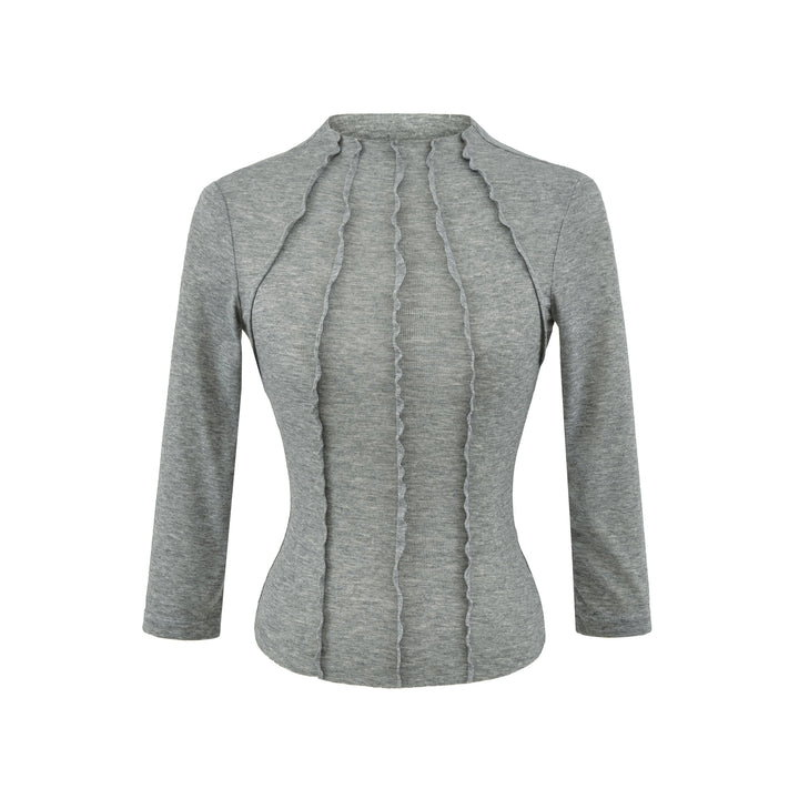 Damen Figurbetontes Langarmshirt mit Stehkragen und Zier-Volants Drune