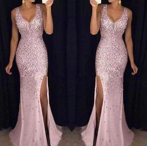 Damen Glitzerndes Abendkleid mit tiefem Schlitz und figurbetontem Schnitt Drune