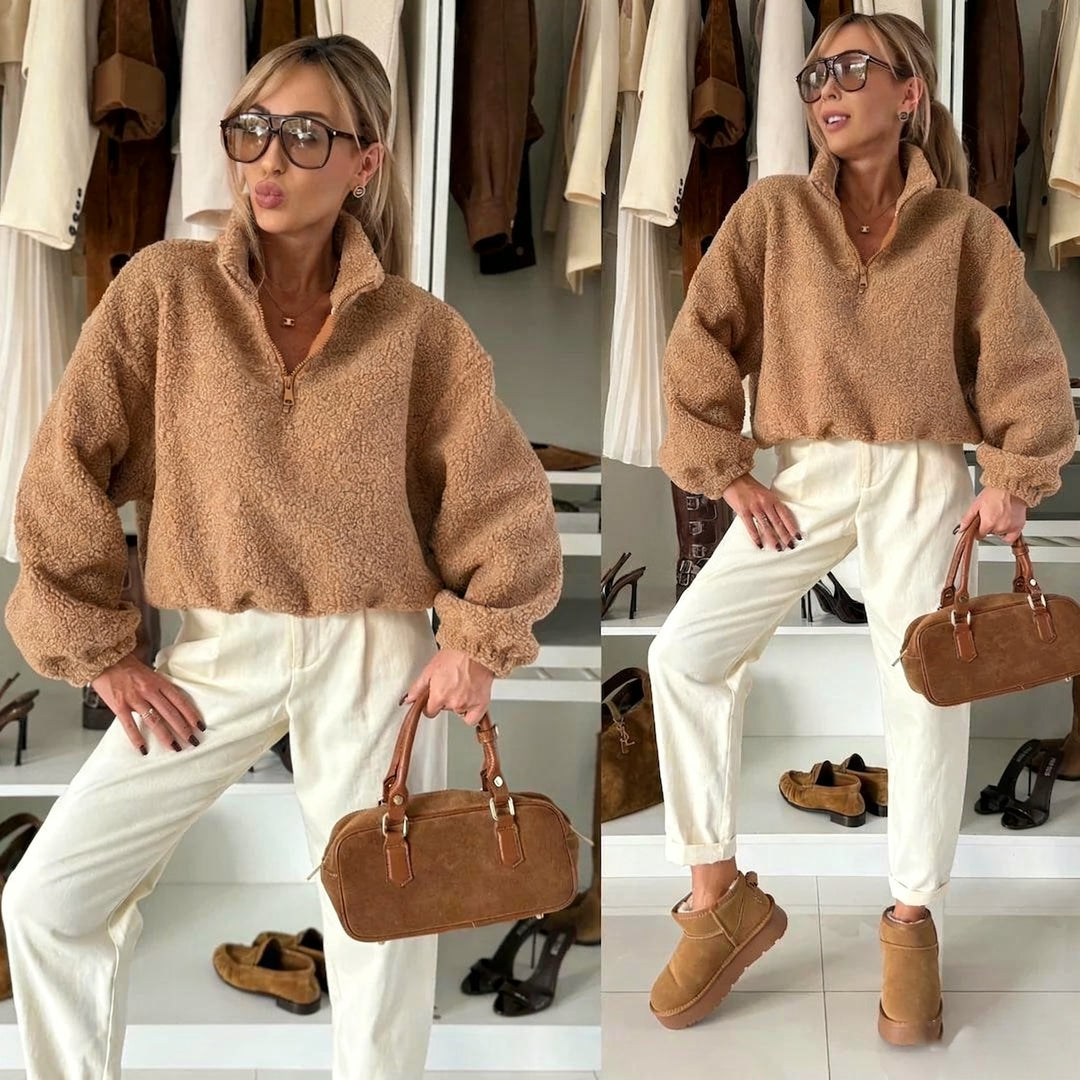 Damen kuscheliger Fleece-Pullover mit hohem Kragen und elastischen Ärmelbündchen Drune