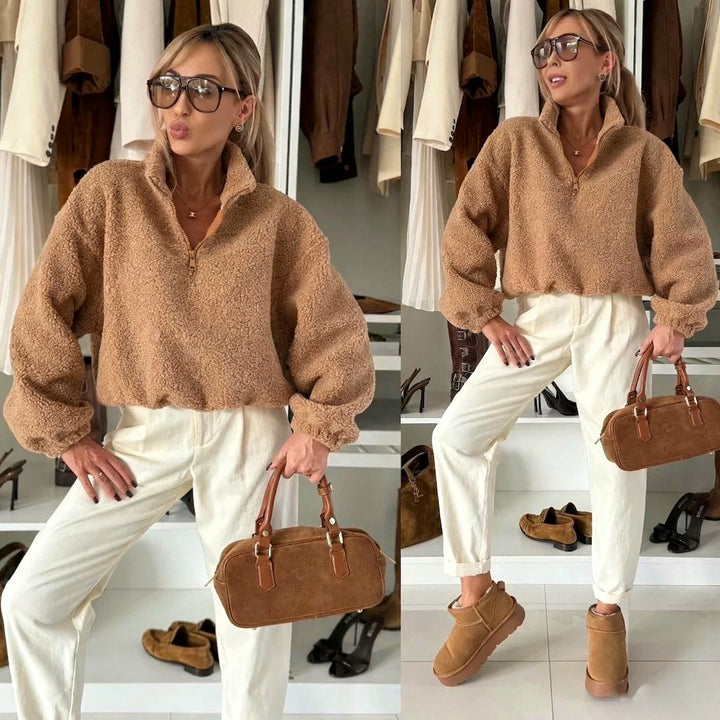 Damen kuscheliger Fleece-Pullover mit hohem Kragen und elastischen Ärmelbündchen Drune