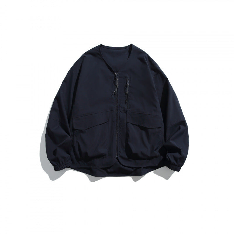 Unisex Leichte Oversize-Utility-Jacke ohne Kragen mit Frontreißverschluss und aufgesetzten Pattentaschen Drune