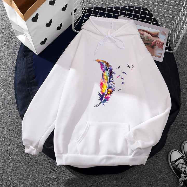 Damen nan Kapuzenpullover mit künstlerischem Aquarell‑Federmotiv, Oversize‑Schnitt und Kängurutasche Drune