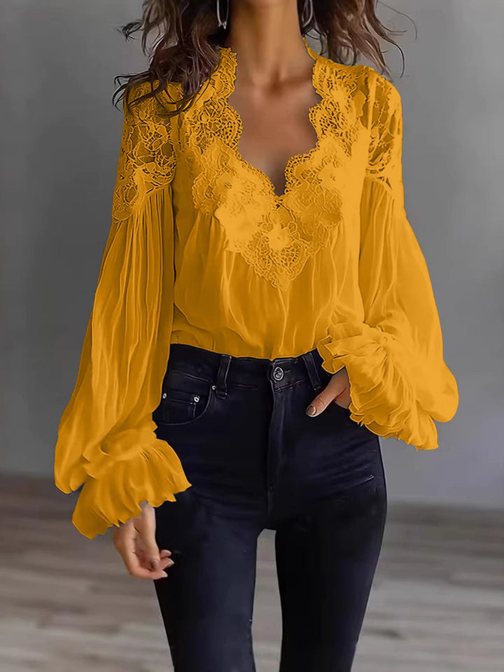 Damen Chiffon-Bluse mit Spitzen-V-Ausschnitt und weiten Plissee-Ärmeln Drune