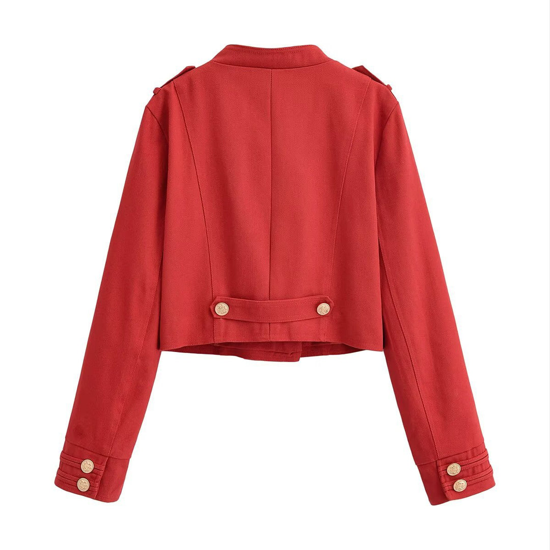 Damen Militärinspirierte Kurzjacke mit Stehkragen, Zierriegeln und goldenen Zierknöpfen Drune