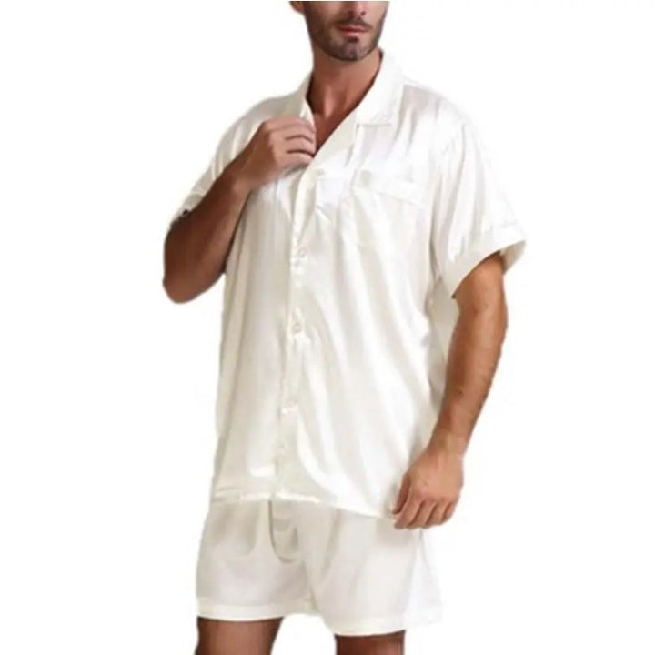 Unisex nan seidig-glänzendes Kurzarm-Pyjama-Set mit Hemdkragen und elastischem Bund Drune