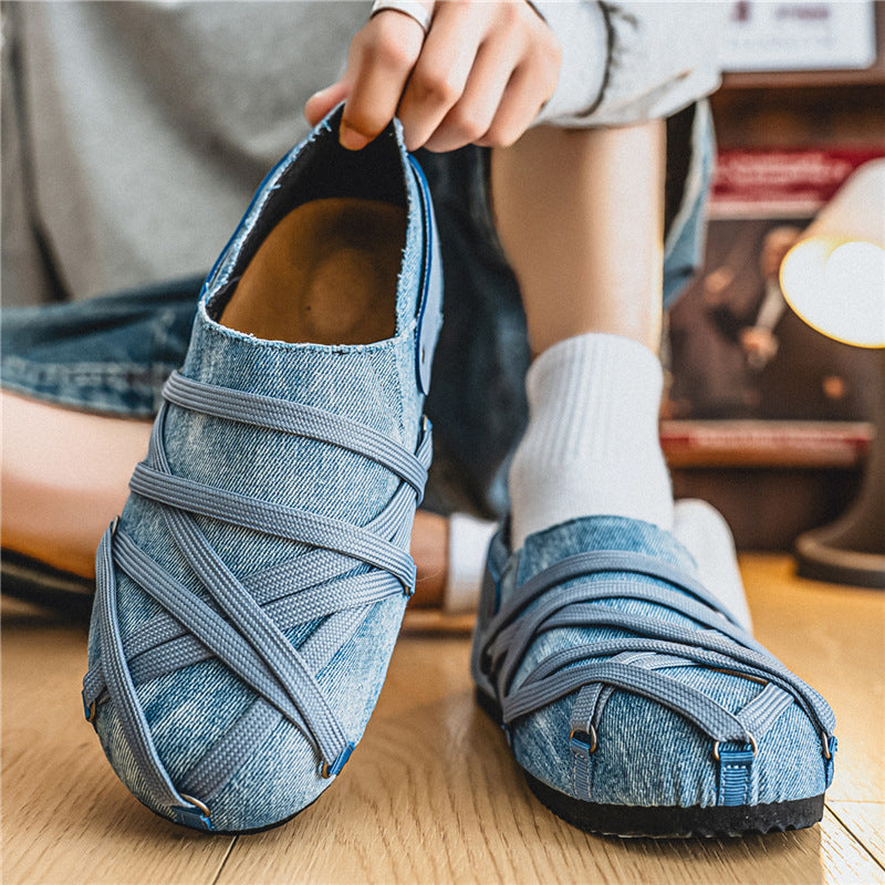 Herren lässige Slipper im Denim-Look mit elastischen Riemen, verstellbarem Fersenriemen und profilierter Gummisohle Drune