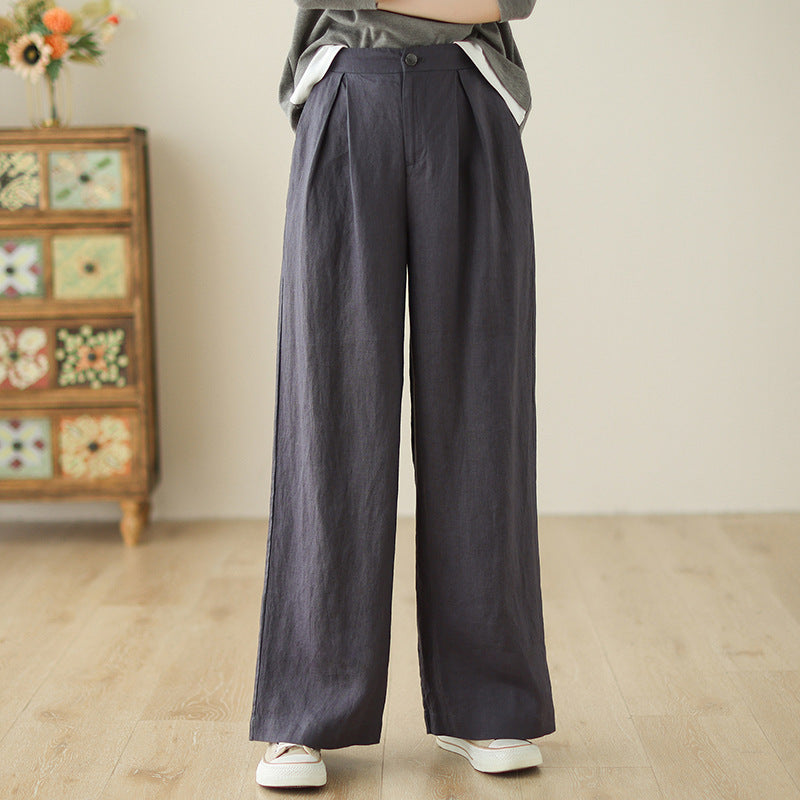 Damen weite Leinenhose mit eleganter Bundfalte und Taschen Drune