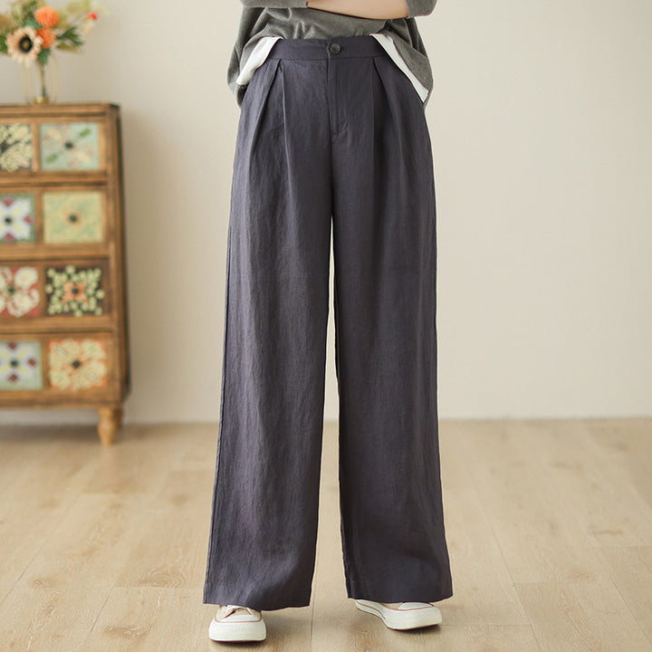 Damen weite Leinenhose mit eleganter Bundfalte und Taschen Drune