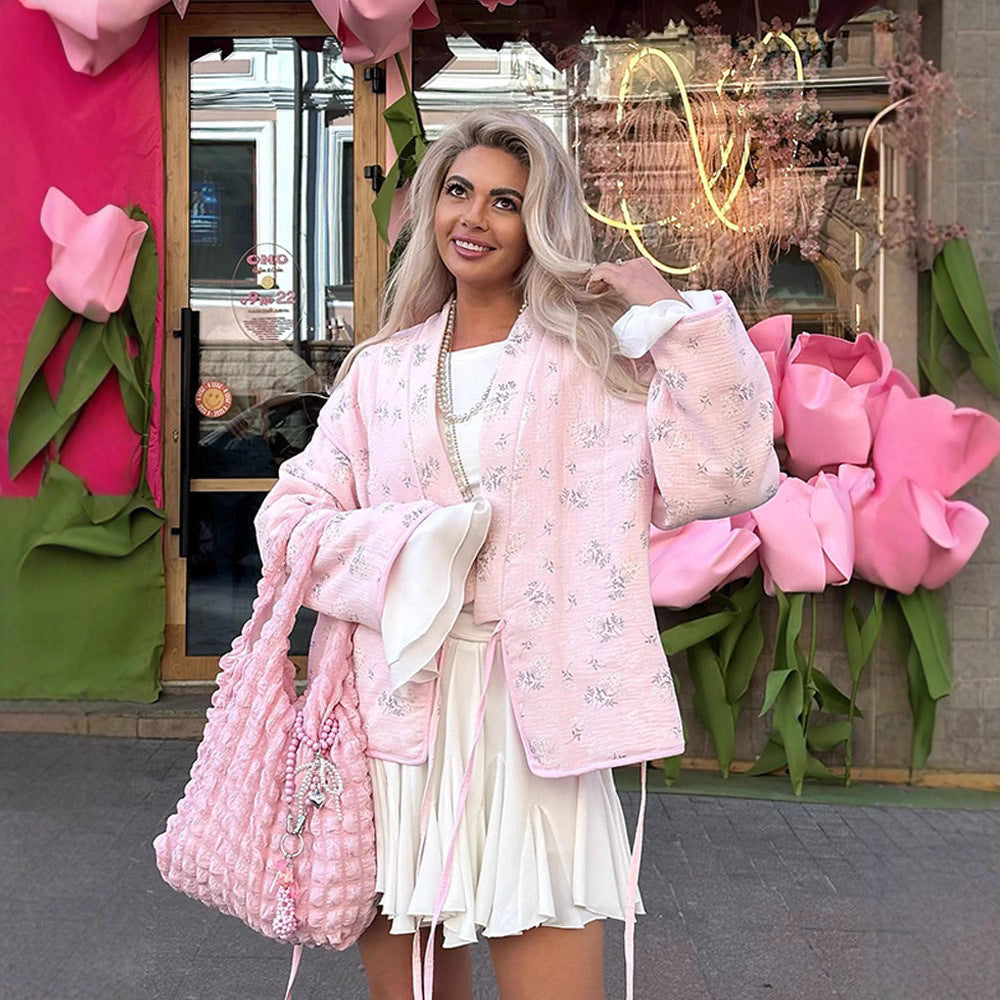 Damen gesteppte Blousonjacke mit floraler Bestickung und Kimonoschnitt Drune