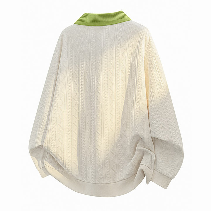 Herren Oversize Strick-Polo mit Strukturstrick, offenem V‑Ausschnitt und geripptem Kragen Drune
