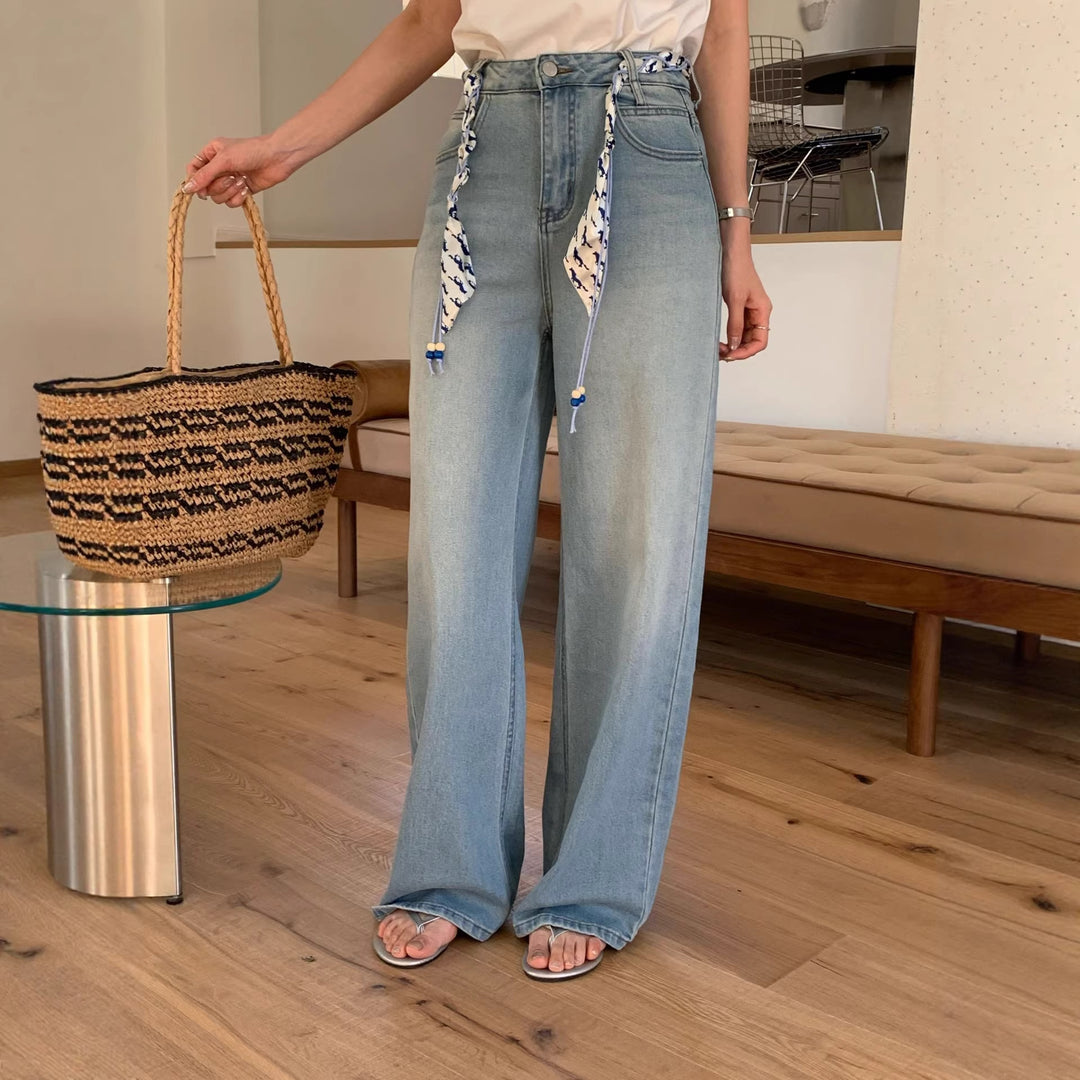 Damen Weite Jeanshose mit dekorativem Gürtel Drune
