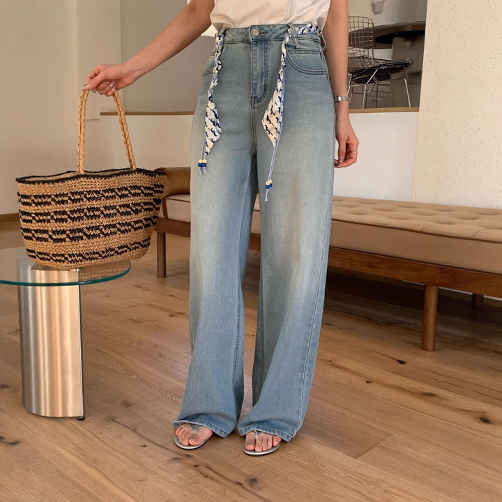 Damen Weite Jeanshose mit dekorativem Gürtel Drune