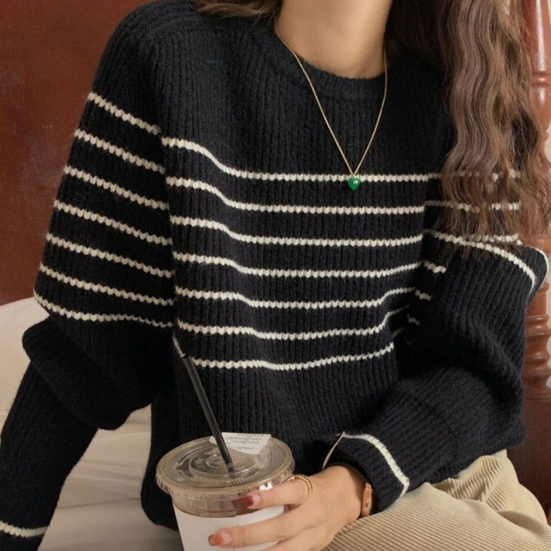 Damen Grobstrickpullover mit gestreiftem Design und lässigem Schnitt Drune