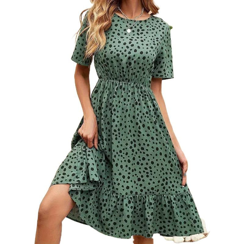 Damen Sommerliches A-Linien Kleid mit Rüschensaum und Punkten Drune