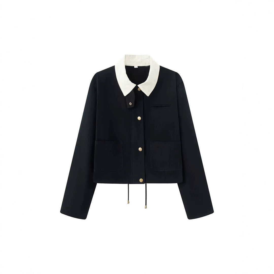Damen Kurze Boxy-Übergangsjacke mit Cordkragen, Kordelzug und aufgesetzten Taschen Drune