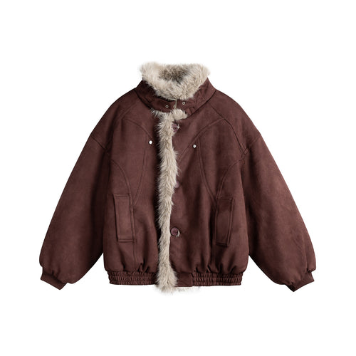 Damen Boxy‑Bomberjacke aus Veloursimitat mit voluminösem Kunstfellkragen Drune