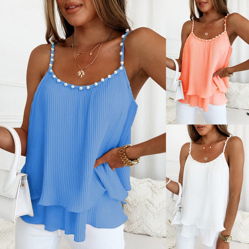 Damen Chiffon Oberteil mit feinen Plissee-Falten und dekorativen Perlen Drune