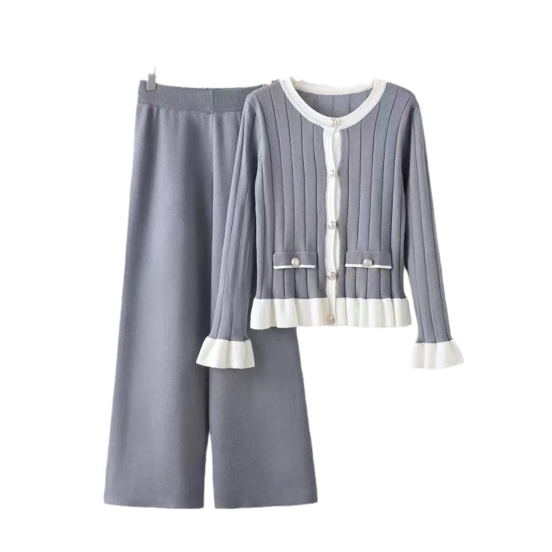 Damen elegantes Strick-Loungewear-Set mit aufgesetzten Taschen und Rüschen Drune