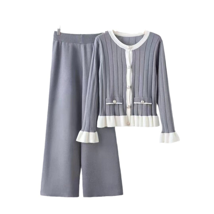 Damen elegantes Strick-Loungewear-Set mit aufgesetzten Taschen und Rüschen Drune