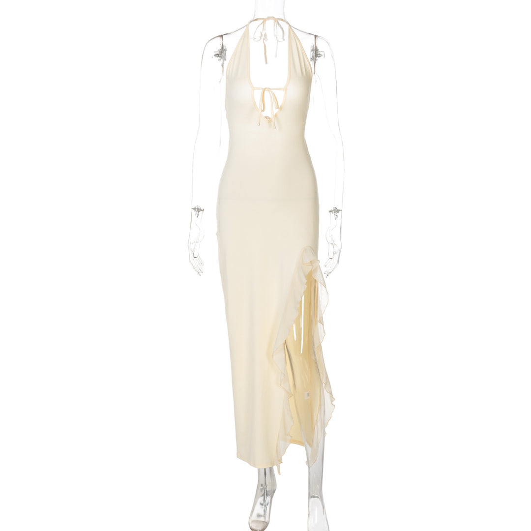 Damen elegantes Halterneck Maxikleid mit seitlichem Rüschen-Schlitz und tiefem V-Ausschnitt Drune