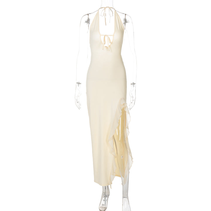 Damen elegantes Halterneck Maxikleid mit seitlichem Rüschen-Schlitz und tiefem V-Ausschnitt Drune