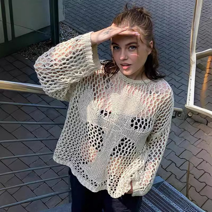 Damen luftiger Strickpullover mit offenem Netzdesign Drune
