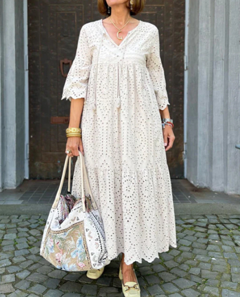 Damen nan fließendes Maxikleid mit Ajourstickerei, V-Ausschnitt, Unterbrustnaht und Volantrock Drune