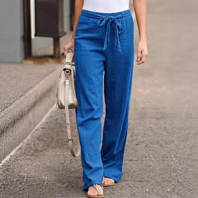 Damen Weite Lounge-Hose mit hohem Gummibund und dekorativem Bindeband Drune