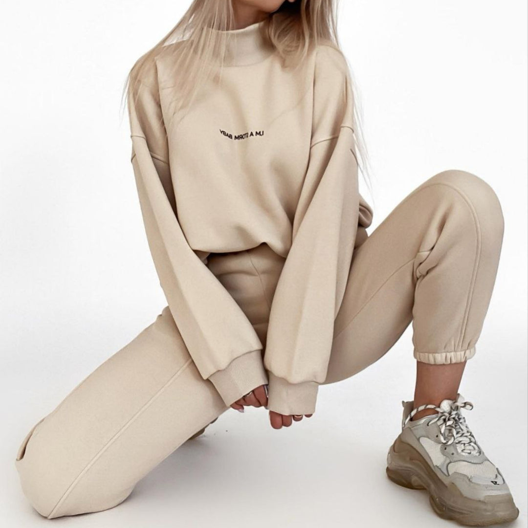 Damen Oversize-Lounge-Set mit Stehkragen und elastischer High-Waist-Jogginghose Drune