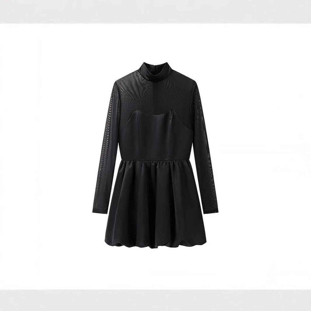 Damen Kurzabendkleid mit Stehkragen, transparenten Mesh-Ärmeln und Korsagen-Optik Drune