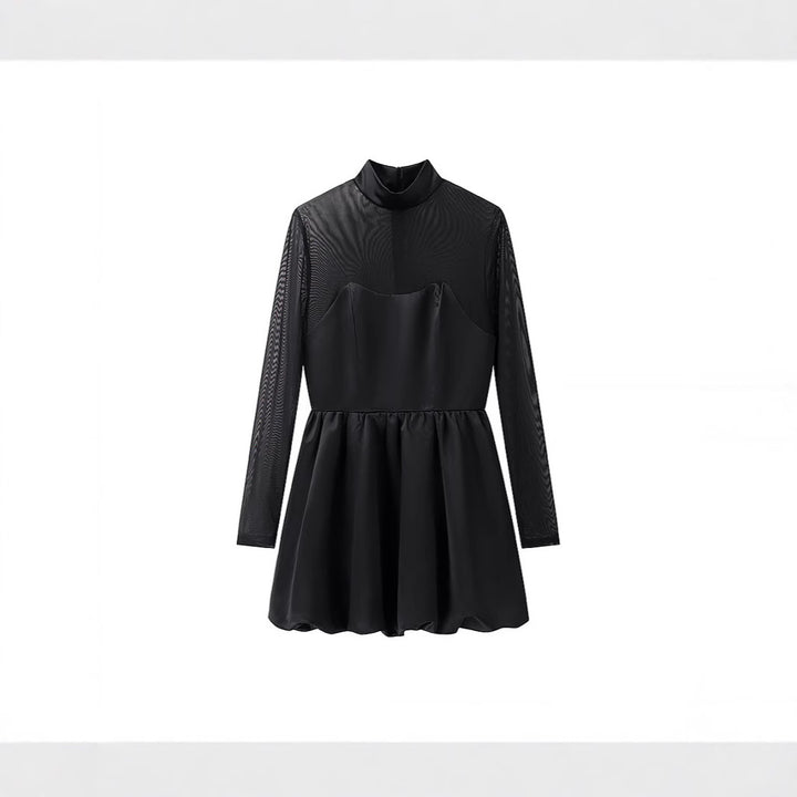 Damen Kurzabendkleid mit Stehkragen, transparenten Mesh-Ärmeln und Korsagen-Optik Drune