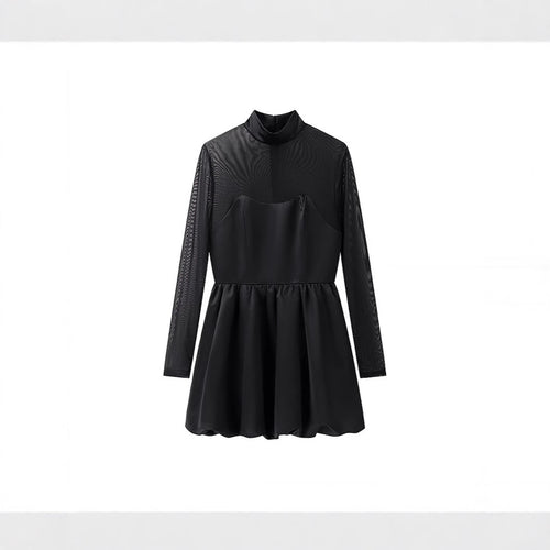 Damen Kurzabendkleid mit Stehkragen, transparenten Mesh-Ärmeln und Korsagen-Optik Drune