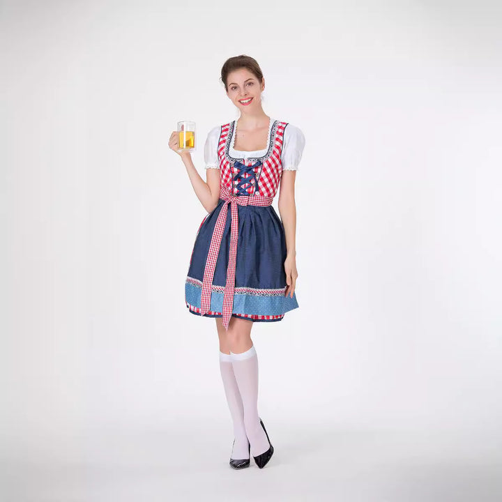 Damen nan traditionelles Trachten-Minikleid mit kariertem Schnürmieder, Puffärmelbluse und dekorativer Schürze Drune