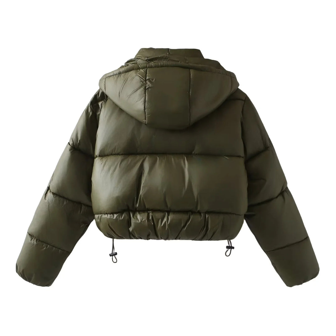 Damen nan oversized wattierte Kurzjacke mit abnehmbarer Kapuze, hohem Stehkragen und Tunnelzugsaum Drune